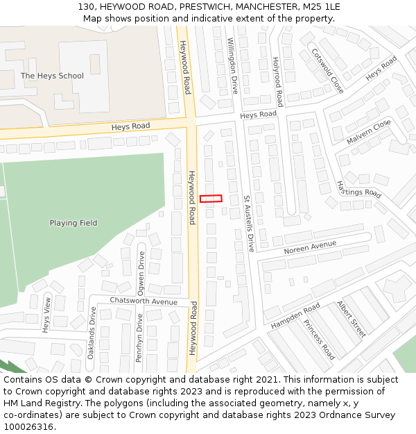 130, HEYWOOD ROAD, PRESTWICH, MANCHESTER, M25 1LE: Location map and indicative extent of plot