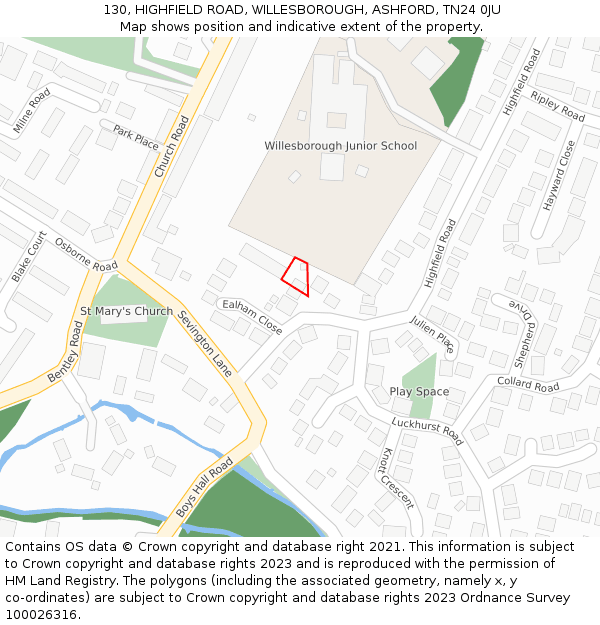 130, HIGHFIELD ROAD, WILLESBOROUGH, ASHFORD, TN24 0JU: Location map and indicative extent of plot