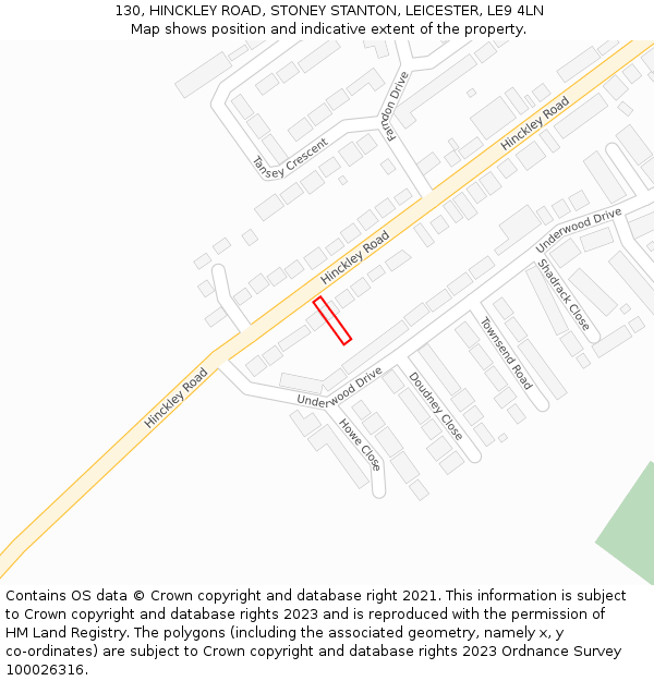 130, HINCKLEY ROAD, STONEY STANTON, LEICESTER, LE9 4LN: Location map and indicative extent of plot