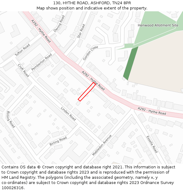 130, HYTHE ROAD, ASHFORD, TN24 8PR: Location map and indicative extent of plot