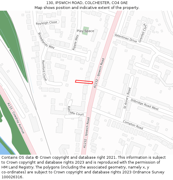 130, IPSWICH ROAD, COLCHESTER, CO4 0AE: Location map and indicative extent of plot