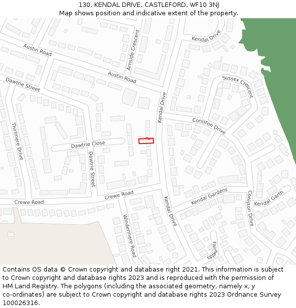 130, KENDAL DRIVE, CASTLEFORD, WF10 3NJ: Location map and indicative extent of plot