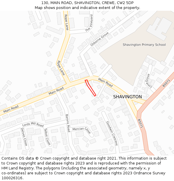 130, MAIN ROAD, SHAVINGTON, CREWE, CW2 5DP: Location map and indicative extent of plot