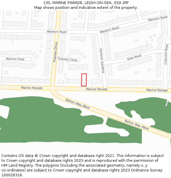 130, MARINE PARADE, LEIGH-ON-SEA, SS9 2RF: Location map and indicative extent of plot
