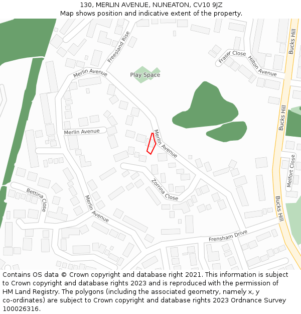 130, MERLIN AVENUE, NUNEATON, CV10 9JZ: Location map and indicative extent of plot