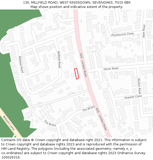 130, MILLFIELD ROAD, WEST KINGSDOWN, SEVENOAKS, TN15 6BX: Location map and indicative extent of plot