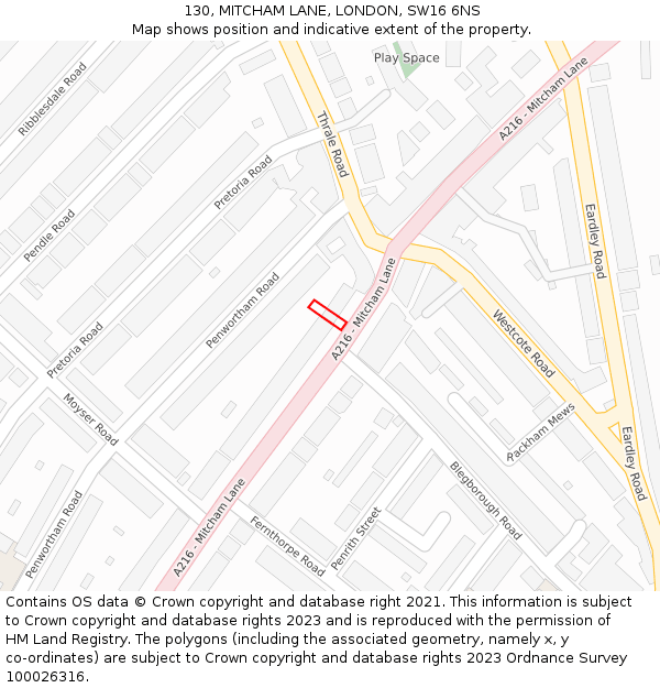 130, MITCHAM LANE, LONDON, SW16 6NS: Location map and indicative extent of plot
