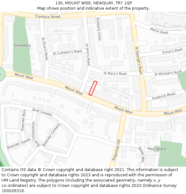 130, MOUNT WISE, NEWQUAY, TR7 1QP: Location map and indicative extent of plot