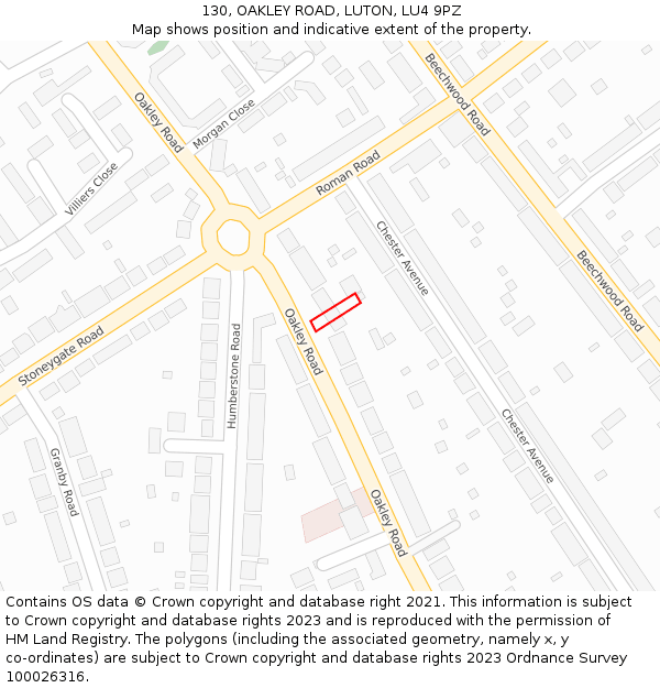 130, OAKLEY ROAD, LUTON, LU4 9PZ: Location map and indicative extent of plot