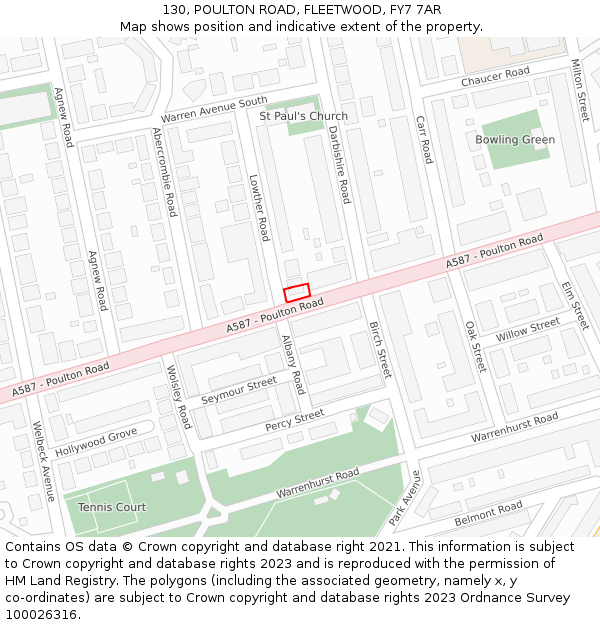 130, POULTON ROAD, FLEETWOOD, FY7 7AR: Location map and indicative extent of plot