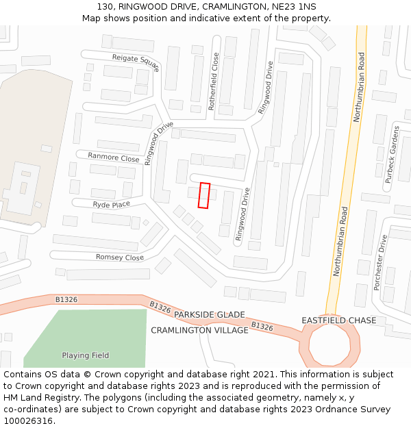 130, RINGWOOD DRIVE, CRAMLINGTON, NE23 1NS: Location map and indicative extent of plot