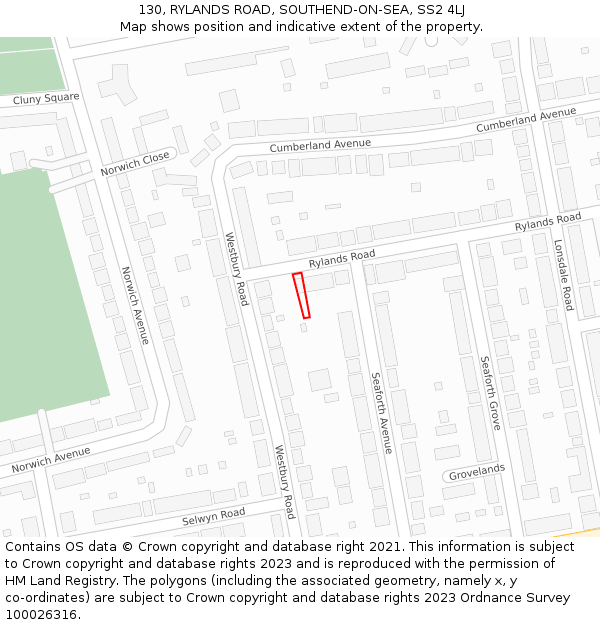 130, RYLANDS ROAD, SOUTHEND-ON-SEA, SS2 4LJ: Location map and indicative extent of plot