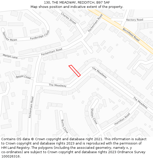 130, THE MEADWAY, REDDITCH, B97 5AF: Location map and indicative extent of plot