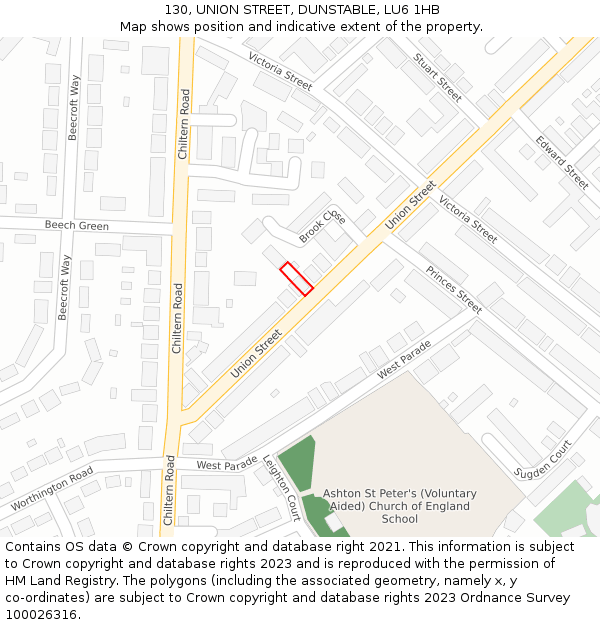 130, UNION STREET, DUNSTABLE, LU6 1HB: Location map and indicative extent of plot