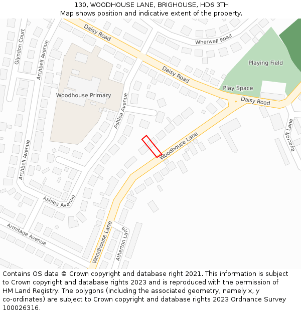 130, WOODHOUSE LANE, BRIGHOUSE, HD6 3TH: Location map and indicative extent of plot