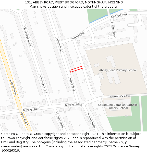 131, ABBEY ROAD, WEST BRIDGFORD, NOTTINGHAM, NG2 5ND: Location map and indicative extent of plot