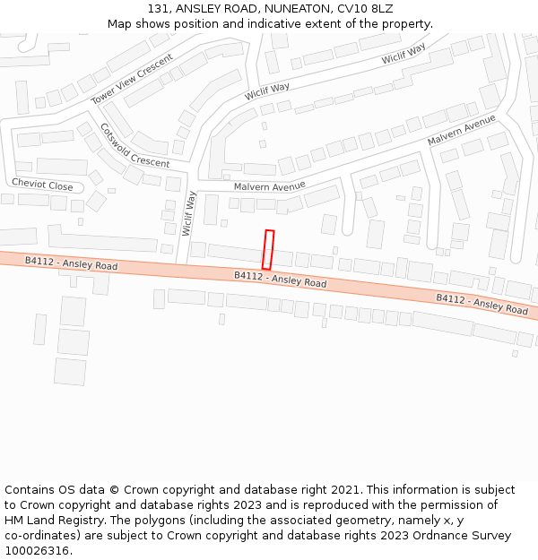 131, ANSLEY ROAD, NUNEATON, CV10 8LZ: Location map and indicative extent of plot