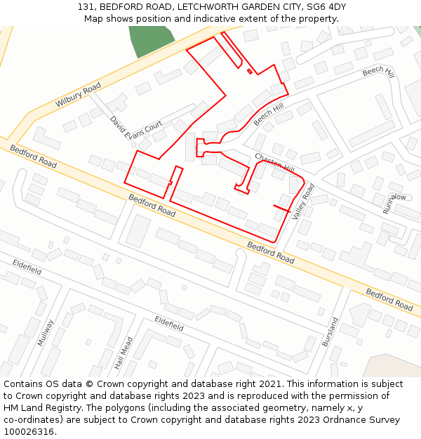 131, BEDFORD ROAD, LETCHWORTH GARDEN CITY, SG6 4DY: Location map and indicative extent of plot