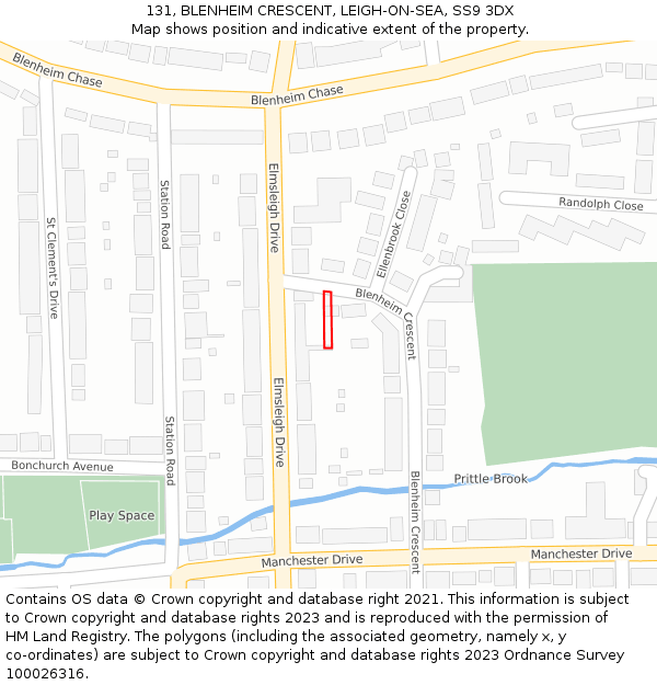 131, BLENHEIM CRESCENT, LEIGH-ON-SEA, SS9 3DX: Location map and indicative extent of plot