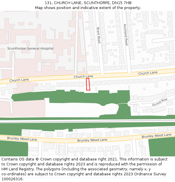 131, CHURCH LANE, SCUNTHORPE, DN15 7HB: Location map and indicative extent of plot