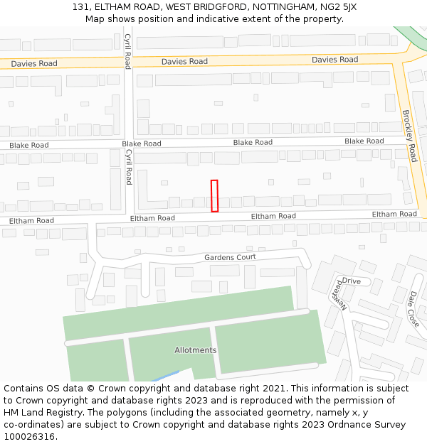 131, ELTHAM ROAD, WEST BRIDGFORD, NOTTINGHAM, NG2 5JX: Location map and indicative extent of plot