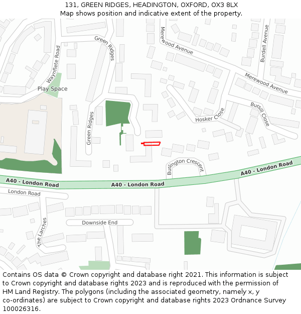 131, GREEN RIDGES, HEADINGTON, OXFORD, OX3 8LX: Location map and indicative extent of plot