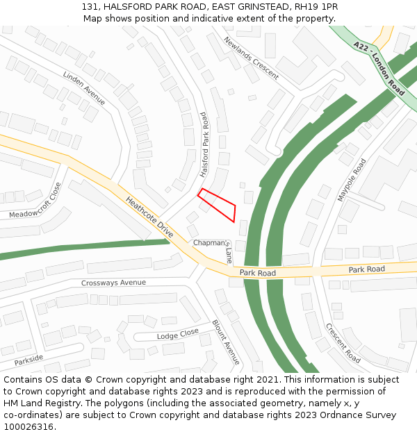 131, HALSFORD PARK ROAD, EAST GRINSTEAD, RH19 1PR: Location map and indicative extent of plot