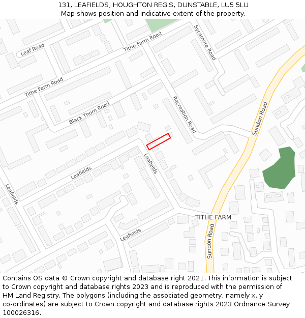 131, LEAFIELDS, HOUGHTON REGIS, DUNSTABLE, LU5 5LU: Location map and indicative extent of plot
