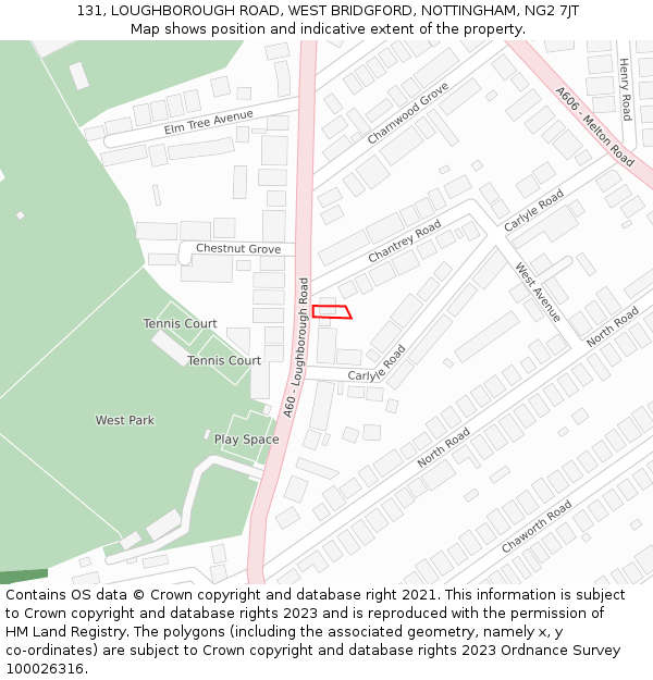 131, LOUGHBOROUGH ROAD, WEST BRIDGFORD, NOTTINGHAM, NG2 7JT: Location map and indicative extent of plot