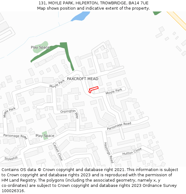 131, MOYLE PARK, HILPERTON, TROWBRIDGE, BA14 7UE: Location map and indicative extent of plot