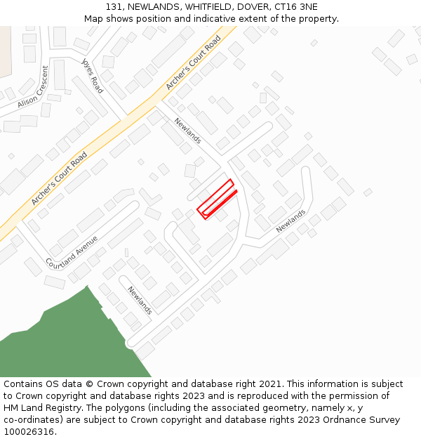 131, NEWLANDS, WHITFIELD, DOVER, CT16 3NE: Location map and indicative extent of plot