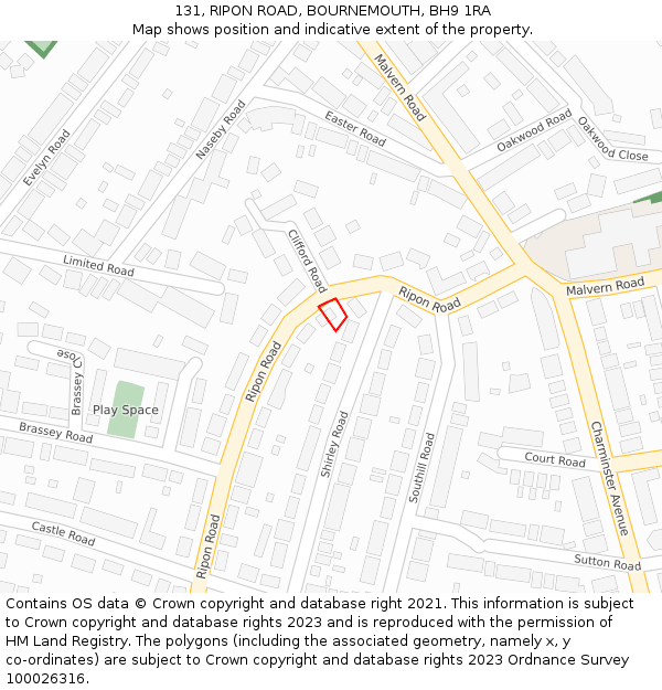 131, RIPON ROAD, BOURNEMOUTH, BH9 1RA: Location map and indicative extent of plot