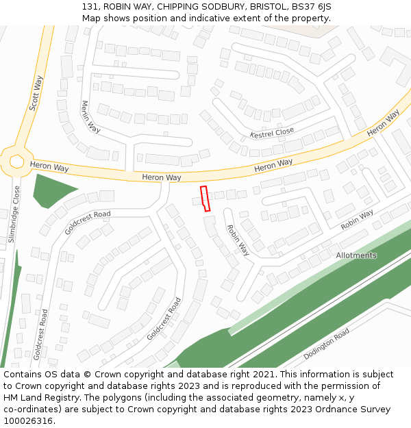 131, ROBIN WAY, CHIPPING SODBURY, BRISTOL, BS37 6JS: Location map and indicative extent of plot