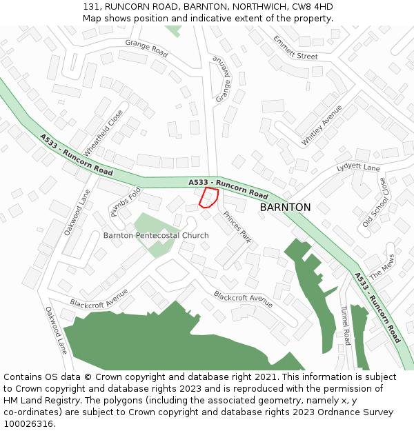 131, RUNCORN ROAD, BARNTON, NORTHWICH, CW8 4HD: Location map and indicative extent of plot