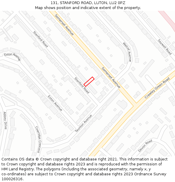 131, STANFORD ROAD, LUTON, LU2 0PZ: Location map and indicative extent of plot