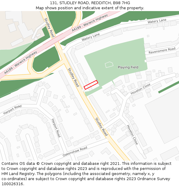 131, STUDLEY ROAD, REDDITCH, B98 7HG: Location map and indicative extent of plot