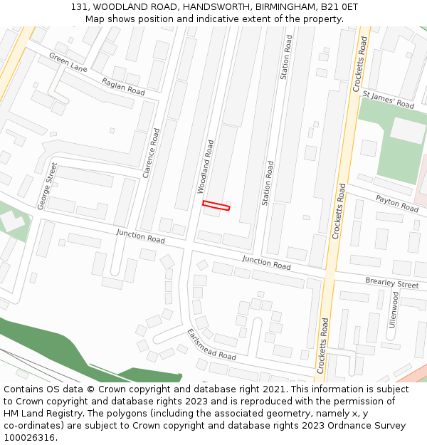 131, WOODLAND ROAD, HANDSWORTH, BIRMINGHAM, B21 0ET: Location map and indicative extent of plot