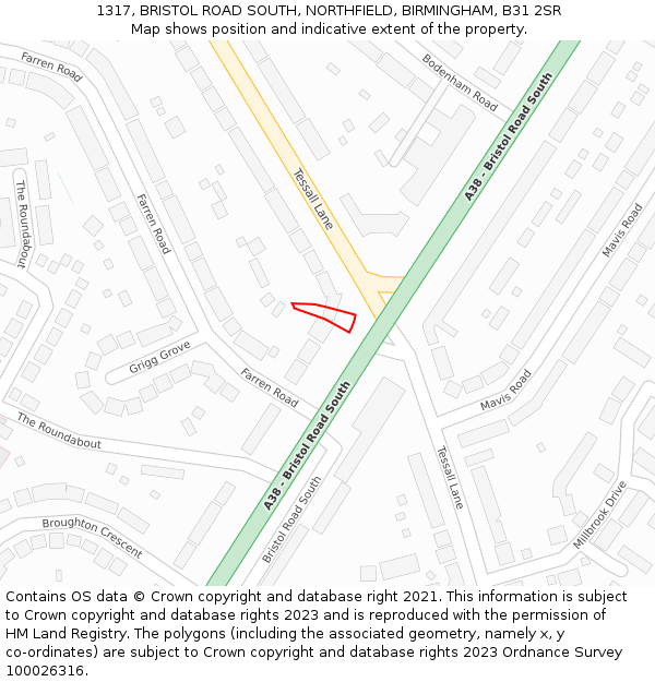 1317, BRISTOL ROAD SOUTH, NORTHFIELD, BIRMINGHAM, B31 2SR: Location map and indicative extent of plot