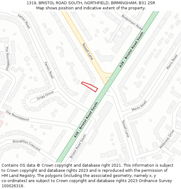 1319, BRISTOL ROAD SOUTH, NORTHFIELD, BIRMINGHAM, B31 2SR: Location map and indicative extent of plot