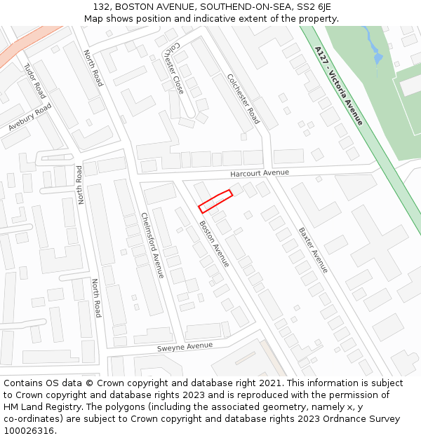 132, BOSTON AVENUE, SOUTHEND-ON-SEA, SS2 6JE: Location map and indicative extent of plot