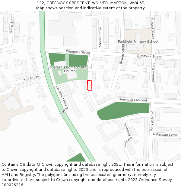 132, GREENOCK CRESCENT, WOLVERHAMPTON, WV4 6BJ: Location map and indicative extent of plot