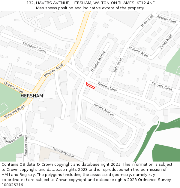 132, HAVERS AVENUE, HERSHAM, WALTON-ON-THAMES, KT12 4NE: Location map and indicative extent of plot