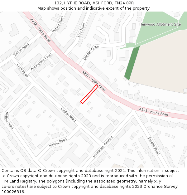 132, HYTHE ROAD, ASHFORD, TN24 8PR: Location map and indicative extent of plot