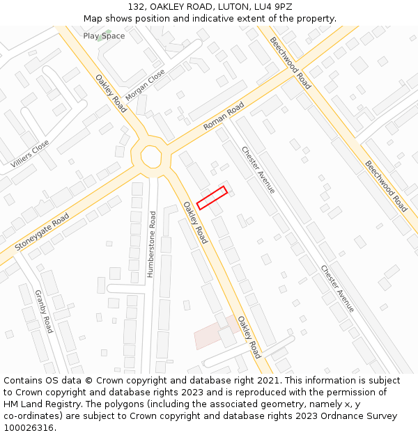 132, OAKLEY ROAD, LUTON, LU4 9PZ: Location map and indicative extent of plot