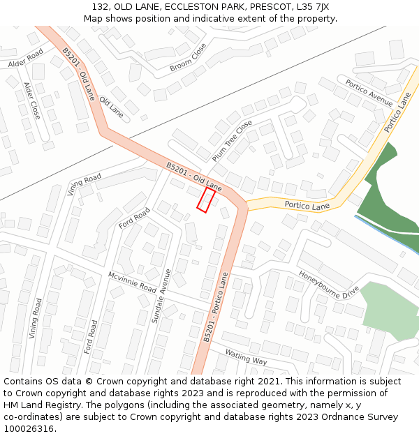 132, OLD LANE, ECCLESTON PARK, PRESCOT, L35 7JX: Location map and indicative extent of plot