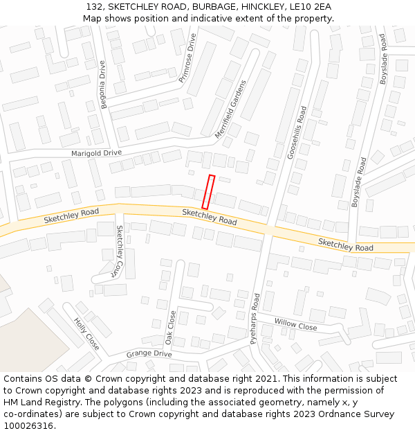 132, SKETCHLEY ROAD, BURBAGE, HINCKLEY, LE10 2EA: Location map and indicative extent of plot