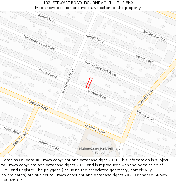 132, STEWART ROAD, BOURNEMOUTH, BH8 8NX: Location map and indicative extent of plot