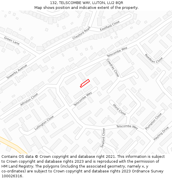 132, TELSCOMBE WAY, LUTON, LU2 8QR: Location map and indicative extent of plot