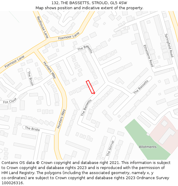 132, THE BASSETTS, STROUD, GL5 4SW: Location map and indicative extent of plot