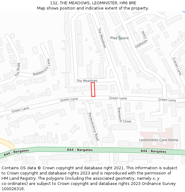 132, THE MEADOWS, LEOMINSTER, HR6 8RE: Location map and indicative extent of plot